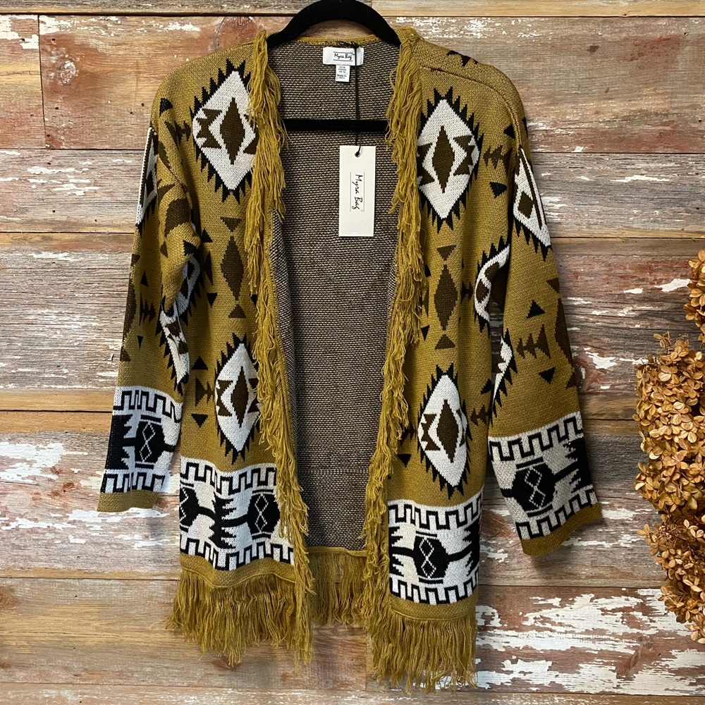 Myra Bag Mustard Aztec Fringe Open Cardigan